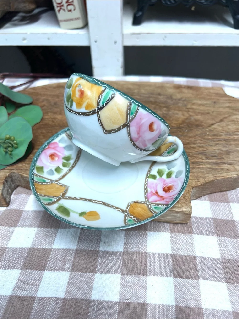 Vintage Nippon teacup and saucer handpainted grandma core